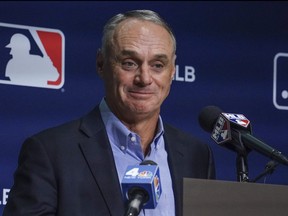 Baseball commissioner Rob Manfred looks both happy and relieved as he announced the end of the MLB lockout yesterday in New York. The season is slated to begin on April 7.