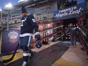 Toronto Maple Leafs center John Tavares is the first out to the playing field for the NHL Heritage Classic 2022 team practice in Hamilton on Saturday, March 12, 2022.