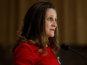 Deputy Prime Minister and Minister of Finance Chrystia Freeland attends a news conference in Ottawa, Feb. 28, 2022.