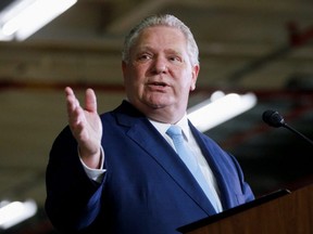 Ontario Premier Doug Ford speaks as he visits the production facilities of Honda Canada Manufacturing in Alliston, Ont., March 16, 2022.