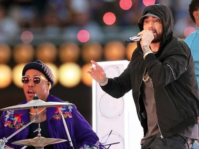 Anderson .Paak and Eminem perform during the Pepsi Super Bowl LVI Halftime Show at SoFi Stadium on Feb. 13, 2022 in Inglewood, Calif.
