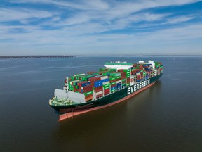 Ever Forward container ship, owned by Evergreen Marine Corp, sits grounded in the Chesapeake Bay off the shore of Mayland, March 15, 2022.