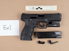 A SAR9 9-mm handgun with laser sight, 17-round capacity magazine and ammunition were seized at a Mississauga hotel.