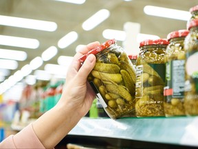 Pickles in a jar in a store