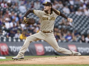 Matt Strahm of the San Diego Padres pitches against the Colorado Rockies during the first inning at Coors Field on August 17, 2021 in Denver.