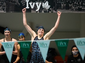 University of Pennsylvania swimmer Lia Thomas reacts after her team wins the 400 yard freestyle relay during the 2022 Ivy League Womens Swimming and Diving Championships at Blodgett Pool on February 19, 2022 in Cambridge, Massachusetts.