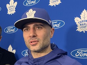 Veteran defenceman and trade-deadline acquisition Mark Giordano speaks to reporters at Maple Leafs' practice on Tuesday.