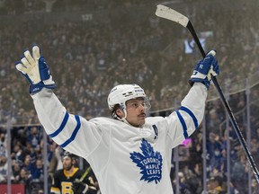Auston Matthews celebrates his goal during second period NHL action against the Boston Bruins in Toronto.
