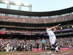 Pete Alonso of the New York Mets bats during the 2021 T-Mobile Home Run Derby at Coors Field on July 12, 2021 in Denver, Col.
