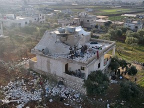 This file photo taken Feb. 3, 2022, shows an aerial view of the house in which the leader of the Islamic State Amir Mohammed Said Abd al-Rahman al-Mawla, aka Abu Ibrahim al-Hashimi al-Qurashi died, during a raid by U.S. special forces, in the town of Atme in Syria's northwestern province of Idlib.