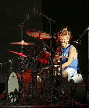 Foo Fighters drummer Taylor Hawkins seen playing Learning to Fly on their first of two nights at the Molson Amphitheatre in Toronto on July 8, 2015 .