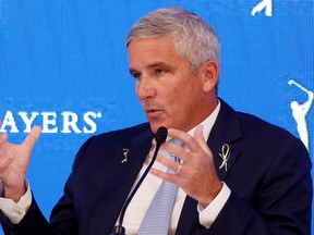 PGA TOUR Commissioner Jay Monahan speaks to the media on Tuesday during a news conference prior to this week's Players Championship at TPC Sawgrass in Ponte Vedra Beach, Fla.