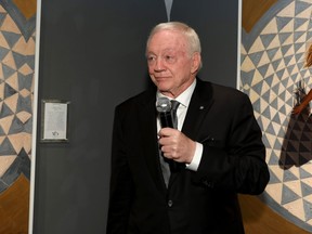 Jerry Jones speaks during the Forbes Super Party at Winn Slavin Fine Art on Feb. 11, 2022 in Los Angeles, Calif.