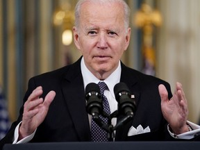 President Joe Biden announces his budget proposal for fiscal year 2023, in the State Dining Room at the White House in Washington, March 28, 2022.