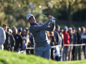 Justin Thomas plays an approach shot on the seventh hole during the second round of The Players Championship on Saturday at TPC Sawgrass in Ponte Vedra Beach, Fla. Thomas was just one of two players in the top-20 to complete their second rounds; Bubba Watson was the other.