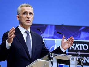 NATO Secretary General Jens Stoltenberg speaks during a press conference ahead of the alliance's Defence Ministers' meeting at NATO headquarters in Brussels, Tuesday, March 15, 2022.