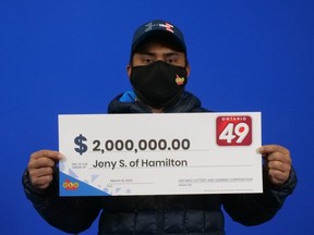 Jeny Samuel, 44, of Hamilton, won $2 million with his Ontario 49 top prize ticket in the Feb. 9 draw.