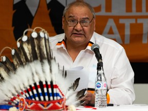 Kapawe’no First Nation Chief Sydney Halcrow speaks about the discovery of 169 potential remains with ground penetrating radar at the former Grouard Mission site in Treaty 8 during a press conference in Edmonton on Tuesday, March 1, 2022.