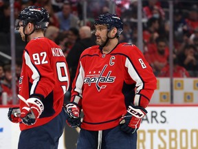 Evgeny Kuznetsov (left) and Alex Ovechkin of the Washington Capitals are two of the NHL's Russian stars. CCM Hockey has stopped using Ovechkin and other Russian players in its marketing campaigns.