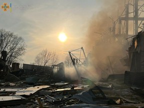 A food warehouse damaged by shelling, as Russia's attack on Ukraine continues, is seen in Brovary, Kyiv region, Ukraine in this handout picture released March 30, 2022.