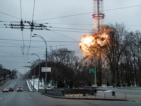 A blast is seen in the TV tower, amid Russia's invasion of Ukraine, in Kyiv, Ukraine March 1, 2022.
