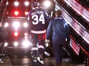 Maple Leafs' Auston Matthews leaves the ice after a loss against the Buffalo Sabres during the Heritage Classic at Tim Hortons Field on March 13, 2022 in Hamilton.