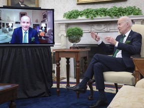 U.S. President Joe Biden meets virtually with Irish Prime Minister Micheal Martin in the Oval Office of the White House March 17, 2022 in Washington, DC.