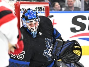 Maple Leafs goalie Petr Mrazek makes a save against the New Jersey Devils in the second period at Scotiabank Arena on Wednesday, March 23, 2022.