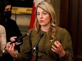 Minister of Foreign Affairs Melanie Joly speaks to the media after Ukraine's President Volodymyr Zelenskyy addressed parliament in Ottawa, Tuesday, March 15, 2022.