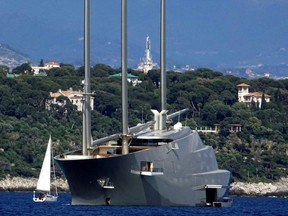 The 142.81 metre sail-assisted motor yacht Sailing Yacht A, owned by Russian tycoon Andrey Melnichenko, is seen in front of Monaco harbour, May 4, 2017.