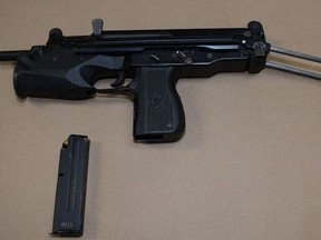 A BRS 99 Tactical, 9-mm semi-automatic handgun with a fully loaded magazine that was seized by Toronto Police on March 6, 2022.
