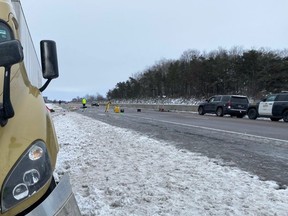 Ontario Provincial Police say five people died after a passenger van and truck crashed on Highway 401 near Belleville, Ont.,
Saturday, March 12, 2022.