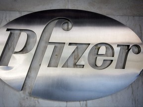The Pfizer logo is pictured at their building in the Manhattan borough of New York, Oct. 29, 2015.