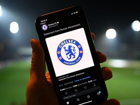 A detailed view of a mobile phone which displays a club statement from Roman Abramovich at Kenilworth Road on March 02, 2022 in Luton, England.