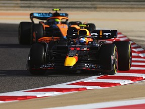 Sergio Perez drives the Oracle Red Bull Racing RB18 on track during practice ahead of the F1 Grand Prix of Bahrain at Bahrain International Circuit on March 18, 2022.