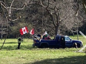 A truck got stuck in the mud off Camas Circle in Beacon Hill Park on Saturday while trying to circumvent police attempts to keep non-local traffic out of the legislature precinct.