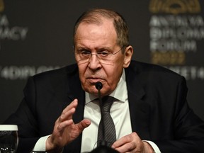 Russian Foreign Minister Sergei Lavrov gives a press conference after meeting Ukraine's Foreign Minister for talks in Antalya, Turkey, Thursday, March 10, 2022.