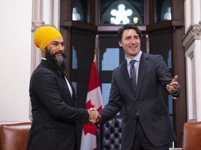 NDP leader Jagmeet Singh meets with Prime Minister Justin Trudeau on Parliament Hill in Ottawa on Thursday, Nov. 14, 2019.