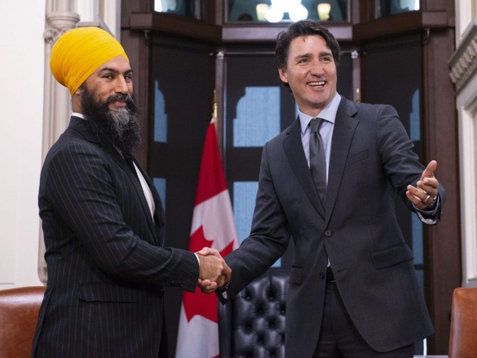 NDP leader Jagmeet Singh meets with Prime Minister Justin Trudeau on Parliament Hill in Ottawa, Nov. 14, 2019.