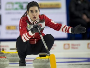 Team Turkey skip Dilsat Yildiz calls a teammate's shot during a game against Canada at the world women's curling championship in Prince George, B.C., on March 20, 2022.