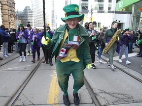Paschal Brogan, the unofficial grand marshal of Toronto's St. Patrick's Day parade, is pictured on Queen St. on March 20, 2022.