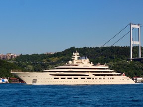 The Dilbar, a luxury yacht owned by Russian billionaire Alisher Usmanov, sails in the Bosphorus in Istanbul, Turkey, May 29, 2019.