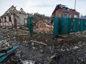 A view shows residential buildings destroyed by an air strike, as Russia's attack on Ukraine continues, in the town of Okhtyrka, in the Sumy region, Ukraine, in this handout released Tuesday, March 15, 2022.