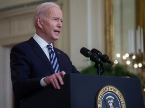 U.S. President Joe Biden delivers remarks in the East Room of the White House in Washington, U.S., February 24, 2022.