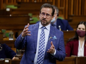 Bloc Quebecois leader Yves-Francois Blanchet speaks in the House of Commons on Parliament Hill in Ottawa, Feb. 28, 2022.