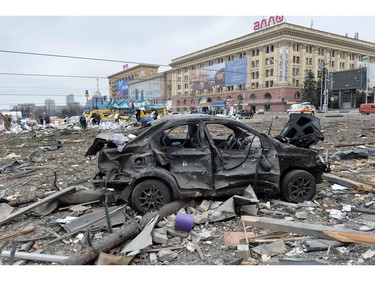 A view of the square outside the damaged local city hall of Kharkiv on March 1, 2022, destroyed as a result of Russian troop shelling.