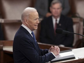 US President Joe Biden delivers the State of the Union address during a joint session of Congress in the US Capitol's House Chamber March 01, 2022 in Washington, DC.