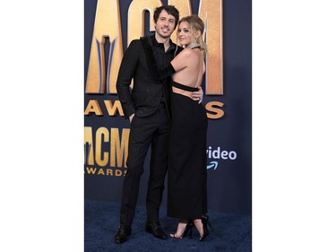 Kelsea Ballerini and Morgan Evans arrive for the 57th Academy of Country Music awards at the Allegiant stadium in Las Vegas, Nevada on March 7, 2022.