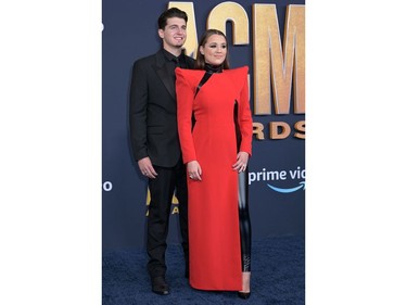Gabby Barrett and husband Cade Foehner arrive for the 57th Academy of Country Music awards at the Allegiant stadium in Las Vegas, Nevada on March 7, 2022.