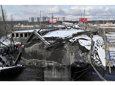A general view of a destroyed bridge in the city of Irpin, northwest of Kyiv, on March 8, 2022.